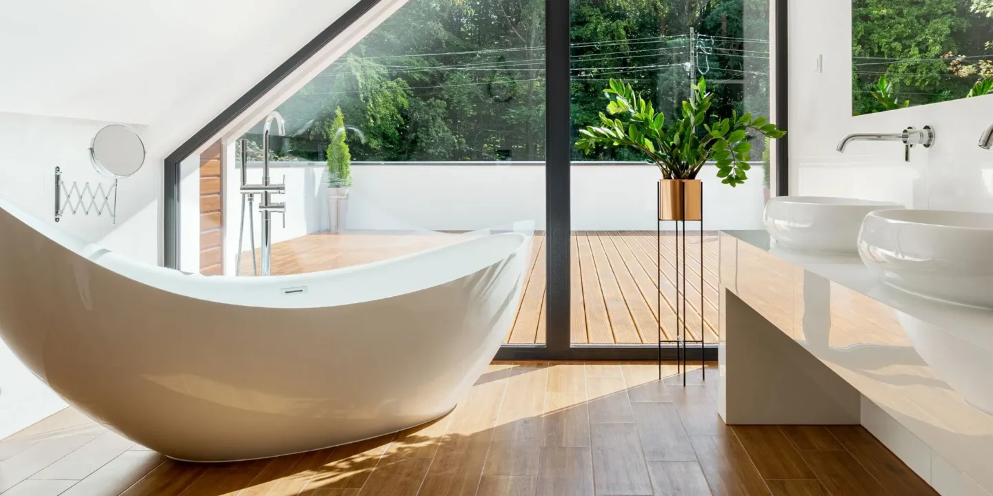 Bathroom with a standalone tub renovated by King's Renovations